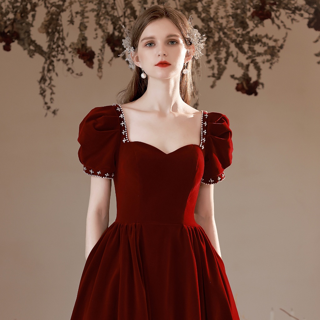 Burgundy velvet Engagement Evening Dresses Women Tulle O-Neck Puff Sleeve  Toasting Gown Classic Back Lace Up Slim Ball Gown