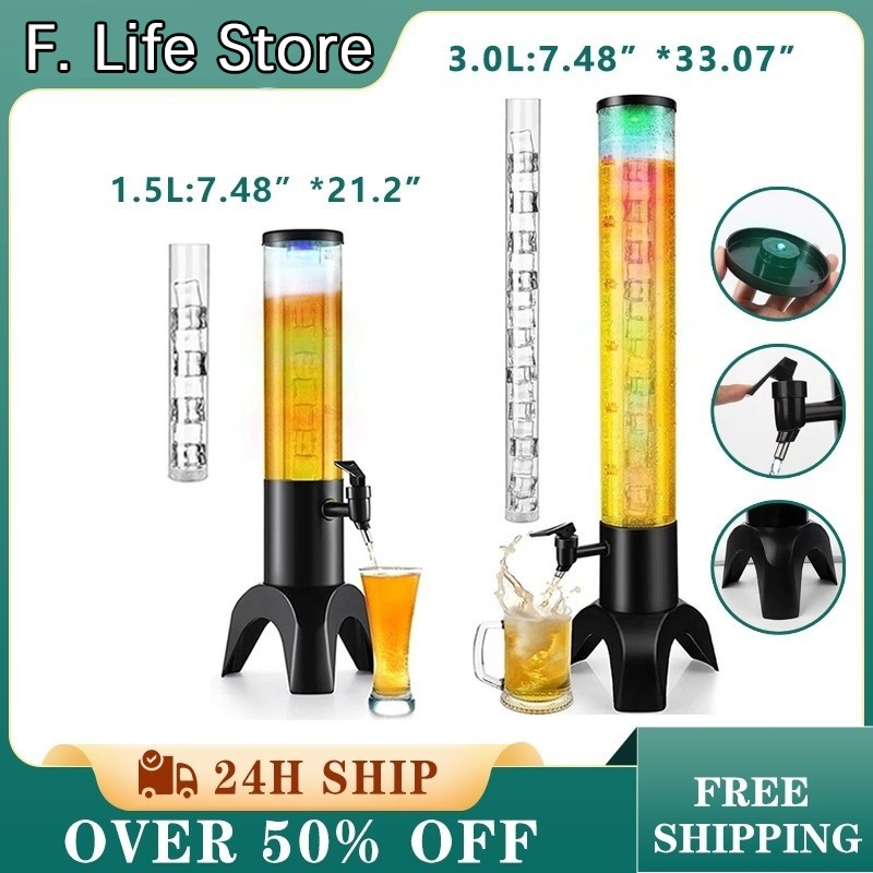 LED 1.5/3 Liter Beer Tower Drink Dispenser with Ice Cubes Triple Leg ...