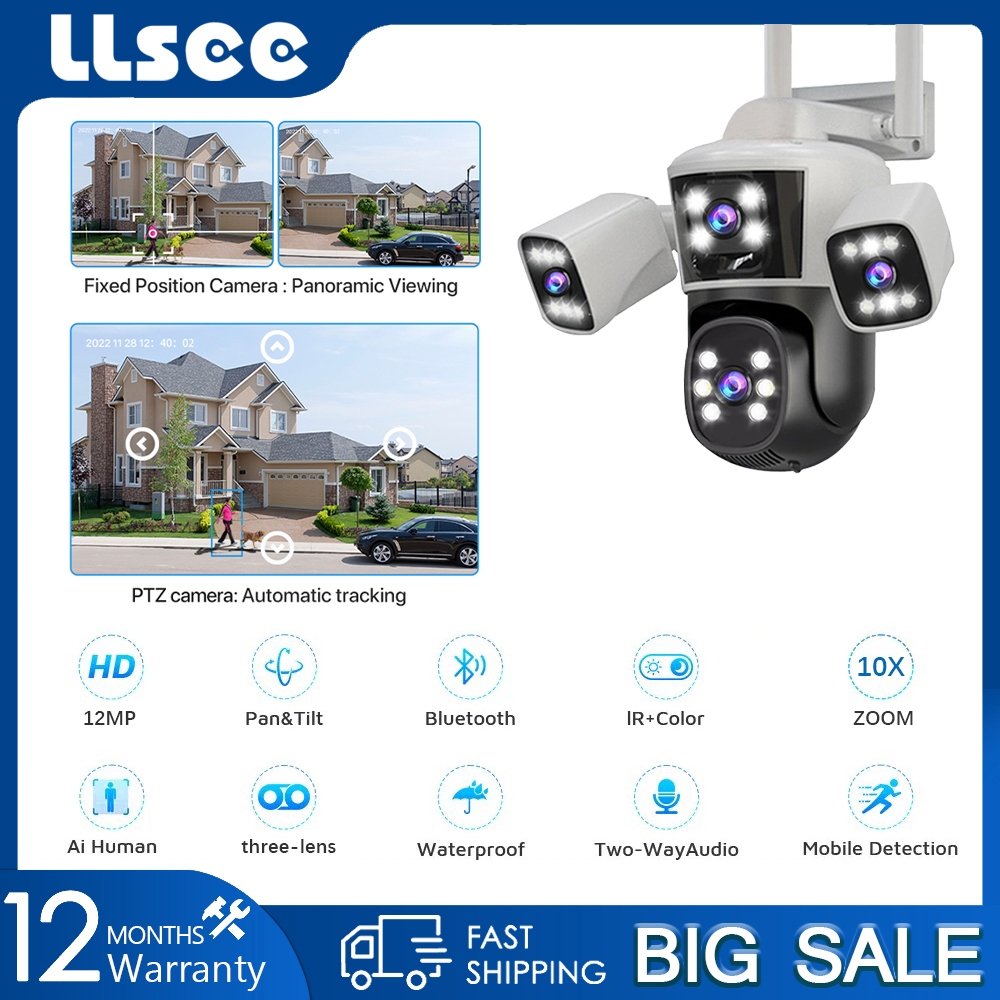 LLSEE 6K 3 lens 12MP 10x zoom WIFI wireless CCTV waterproof outdoor 360 ...