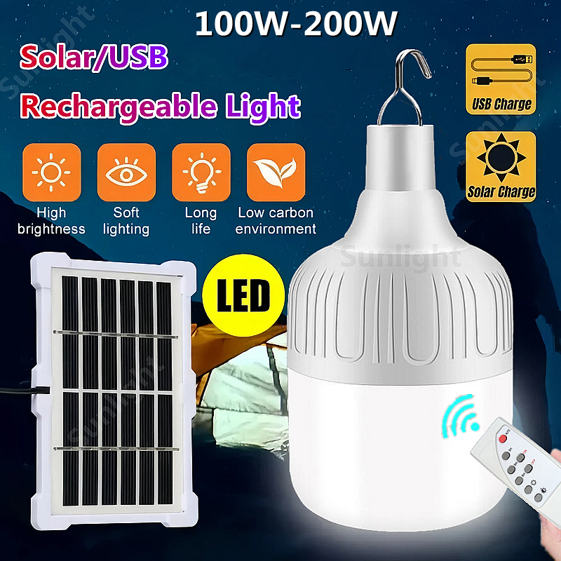 LED Solar Light Bulb With Remote Control USB 100W/150W/200W ...
