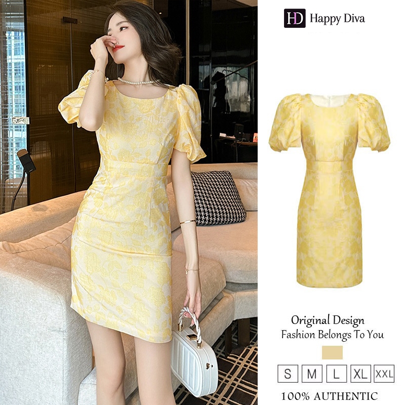 Happy Diva Women's Yellow Puff Short Sleeves Floral One Step Dress Slim ...
