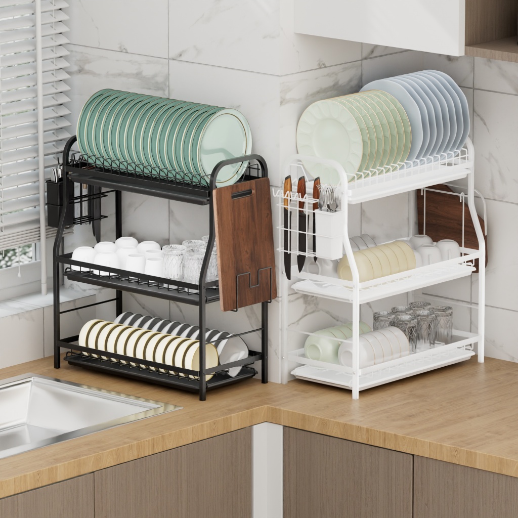R Shape 2/3 Layers Dish Drying Rack For Kitchen Storage White Stainless ...