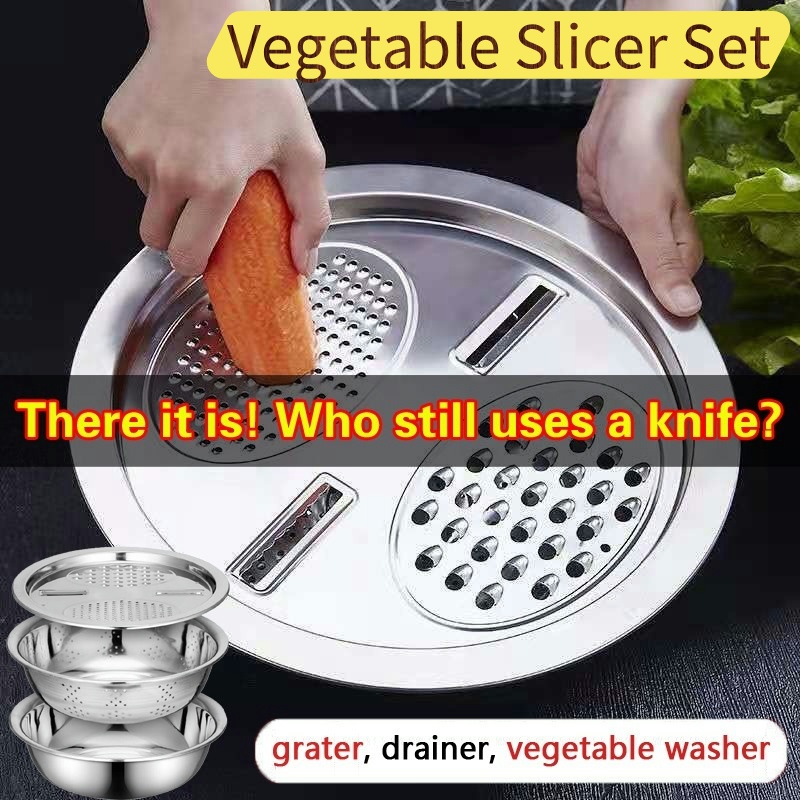 Stainless Steel Vegetable Slicer - Multi-Functional Grater, Drainer & Washing Bowl for Potato/Carrot