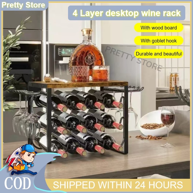 Wooden wine rack thicken with cup hanging 12 bottles bar desktop ...