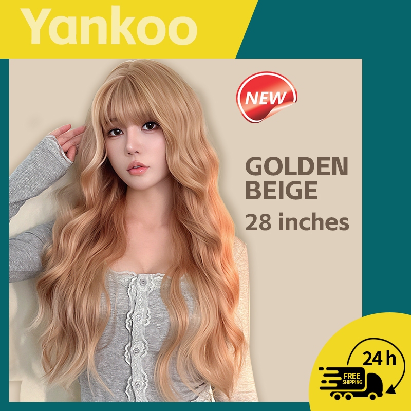 Wig 71cm long wavy hair golden beige blonde with bangs natural high ...
