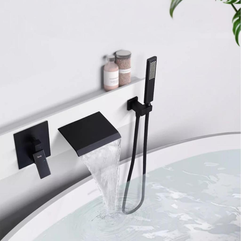 Matte Black Bathroom Bathtub Faucet Waterfall Faucet With Hand Shower Hot Cold Water Mixer Taps Wall Mounted Bathtub Faucet Effortless Installation