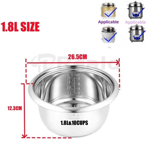 Rice Cooker Inner Pot Replacement 1.8L&10CUPS 304 Food Grade Stainless ...