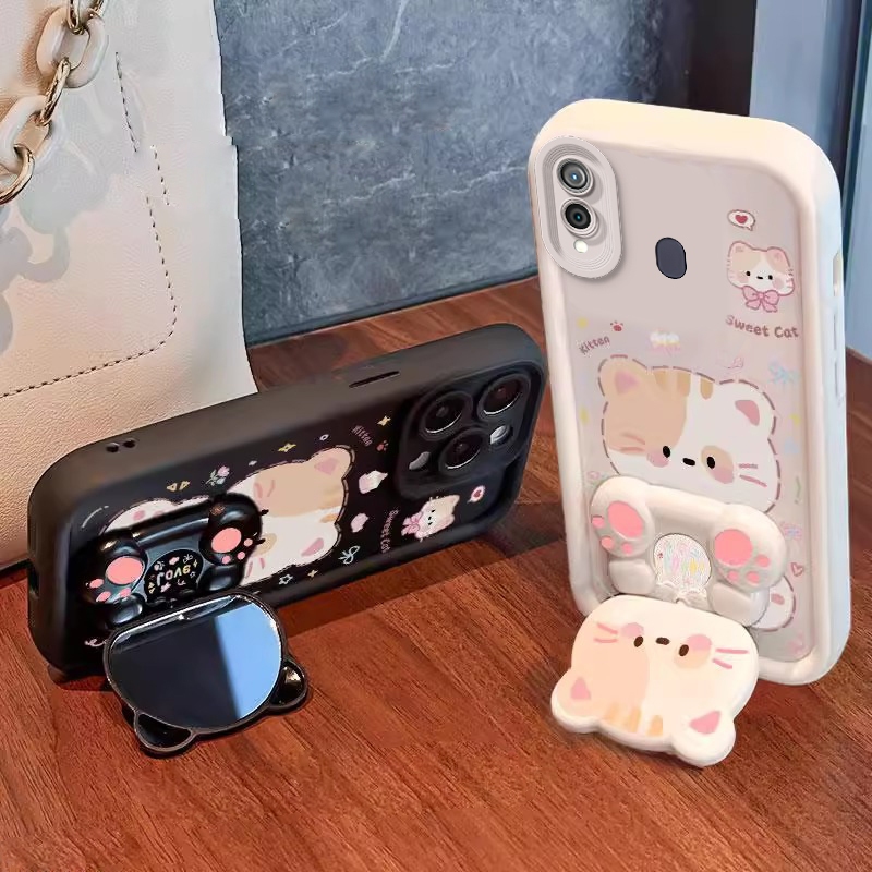 Case for SAMSUNG a20 samsung a30 phone casing Softcase Silicone shockproof  Cover new design aesthetic Cartoon cat with holder for mirror JTMMZJ01