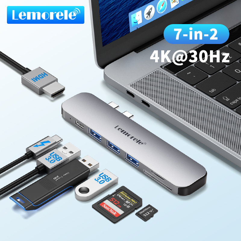 Lemorele TC52 7-in-2 USB C hub is suitable for MacBook 4K HDMI/USB A3.0 ...
