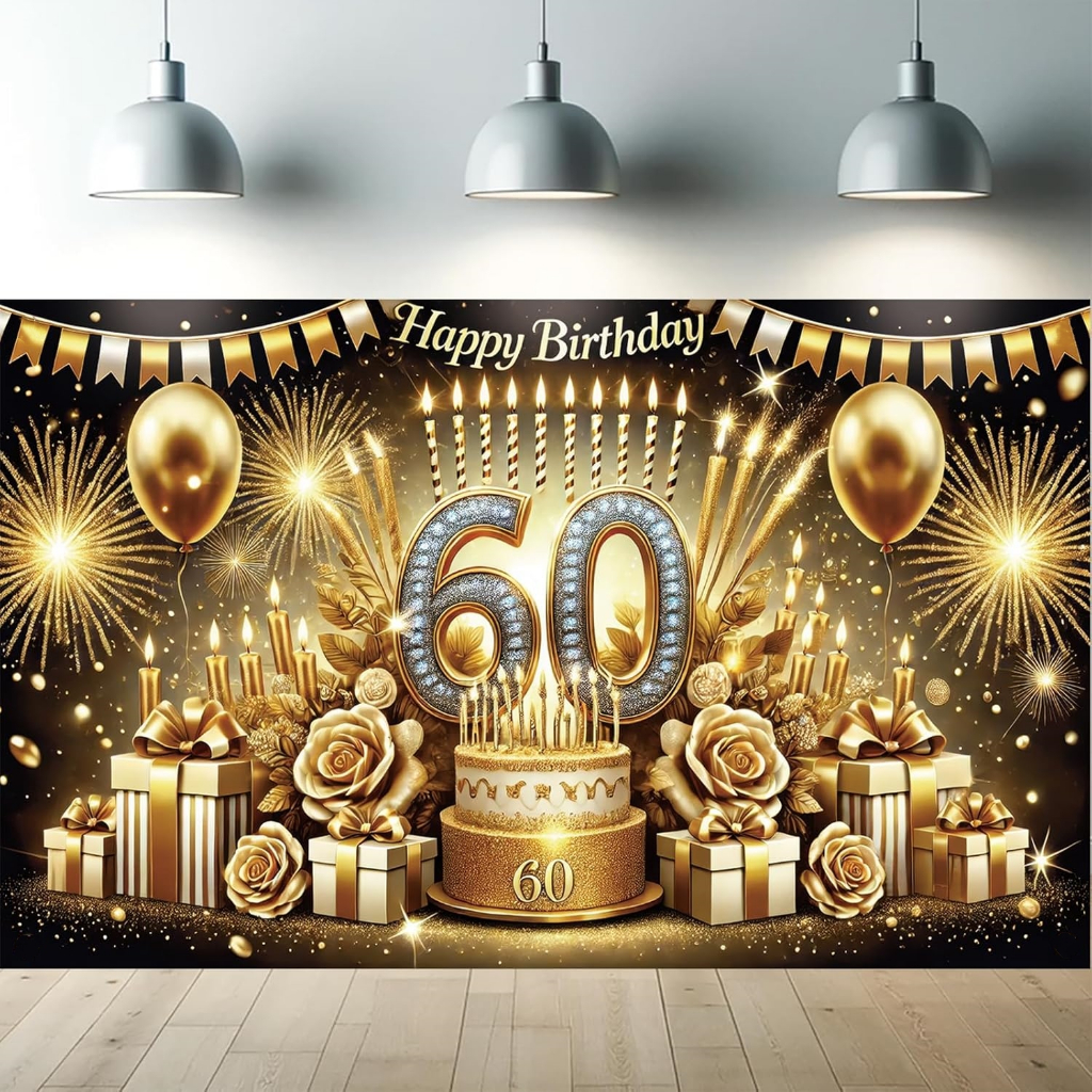 60th Happy Birthday Photography Backdrop Gold and Black Party Banner ...