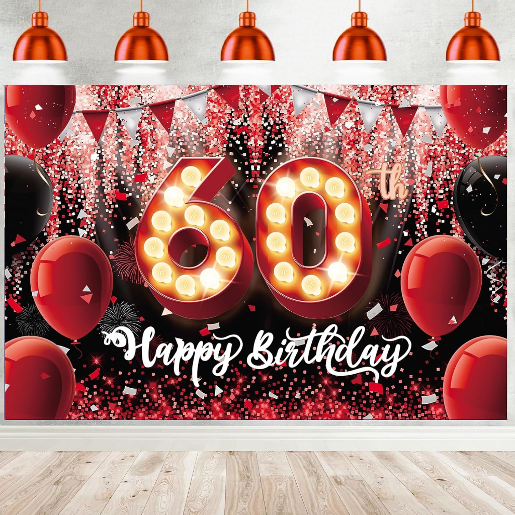 5x3ft Happy 60th Birthday Photography Backdrop Red Glitter Sequin ...