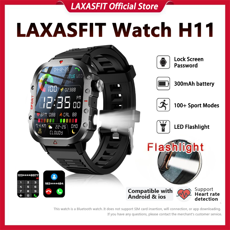 LAXASFIT H11 Rugged Men's Smartwatch LED Flashlight 2.01-inch Bluetooth ...