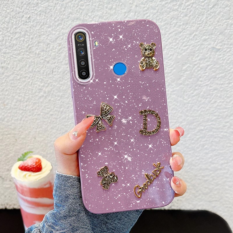 YBD New IMD Glitter Powder Phone Case For OPPO Realme 5i 6i 5S C3 Three  Dimensional Metal Bow with Little Bear Fragrance