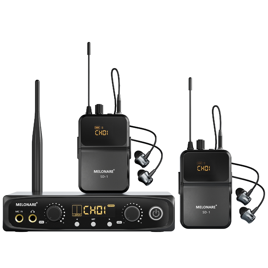 MELONARE PM 1 Drahtloses In Ear Monitoring System – UHF 500 MHz, Geringe Latenz, HD Audio, Sender und Empfänger mit Gürtelclip, 10 Kanäle, Mono / Stereo Auswahl, IEM für Live Auftritte, Studio, Bands