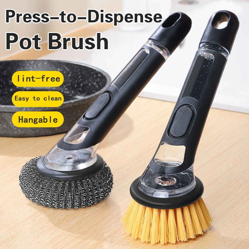 [Qianbaidu] Press-to-Dispense Pot Brush,Long Handle Pans/Sink/Cookware Cleaner with Replaceable Head