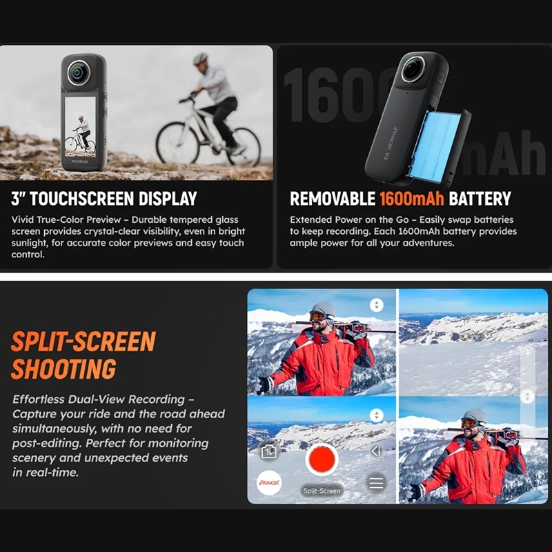 PANOX V3 8k Waterproof 360 WiFi & GPS Motorcycle Action Camera Split-Screen Shooting ＆ In-Camera
