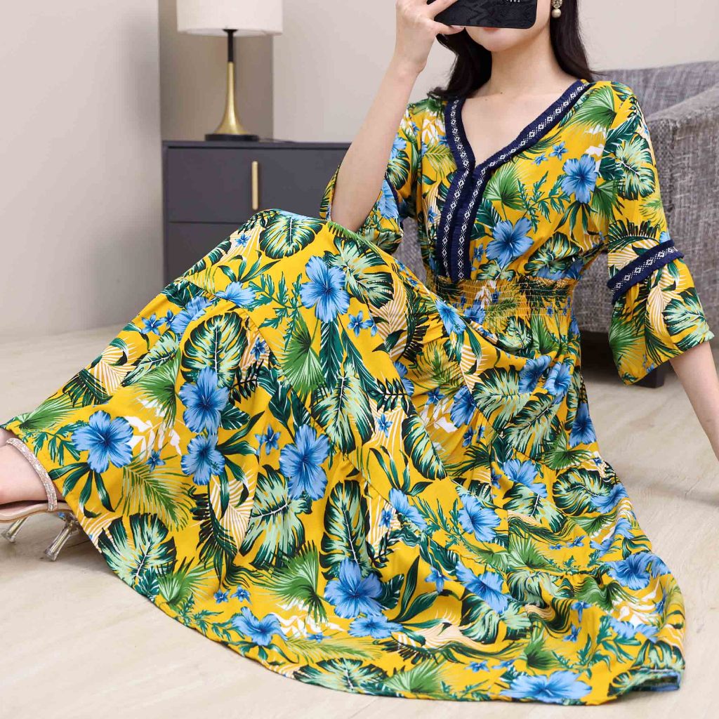 THHONE Hawaiian Dress Women Casual Floral Ready Stock Long Sundress Baju  Gaun Plus Size A Line Vintage Korean Style Bohemian Holiday Ladies Clothes  Maxi Dresses V Neck Cotton Linen | Shopee Philippines