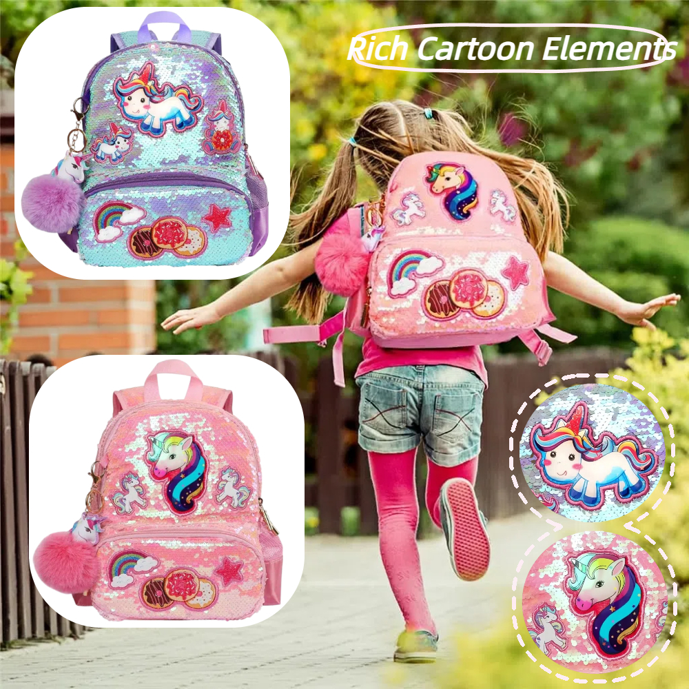 Unicorn backpack Glitter backpack for kids Cartoon backpack Sparkly unicorn  backpack✨Backpack with side pocket Large capacity Rich Cartoon Elements