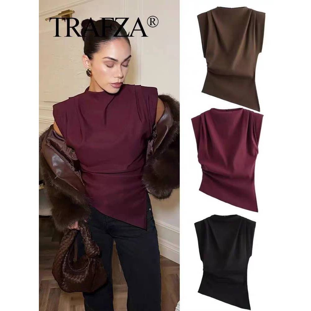 New European and American fashion vest women's simple pleated decorated ...