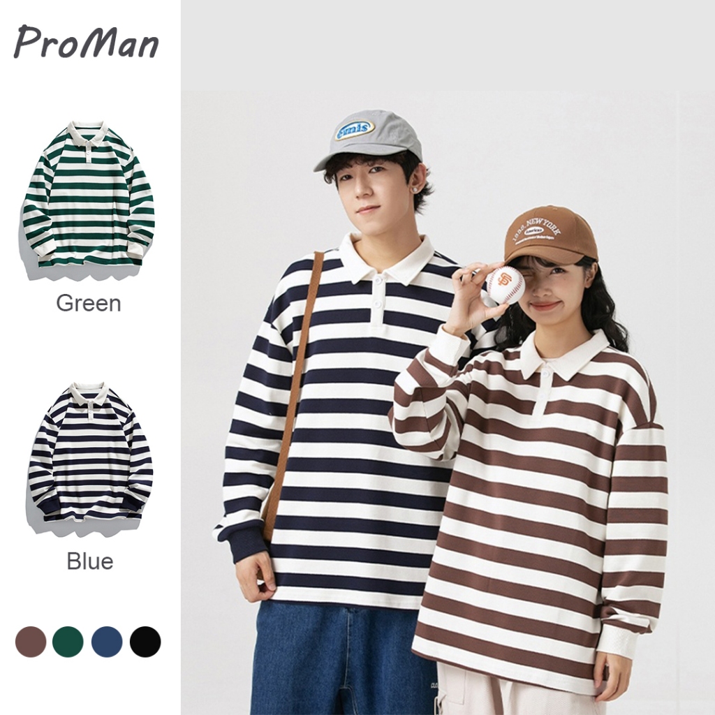 ProMan Trendy Summer Men's Striped Polo Shirt Korean Style Loose Fit ...