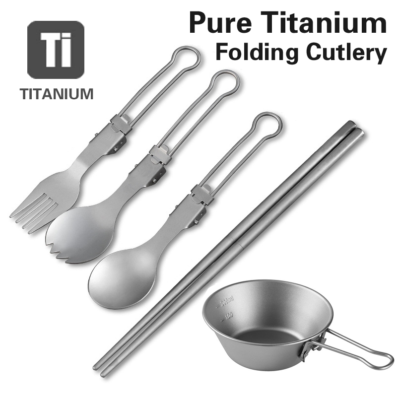 Foldable Pure Titanium Cutlery Set - Anti-Bacterial Lightweight Camping Spoon/Fork/Chopsticks/Bowl