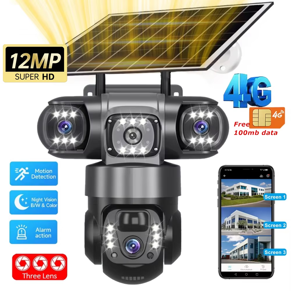 V380 Pro 12MP 10X Zoom Triple Lens 4G Solar Camera Outdoor Three Screen ...