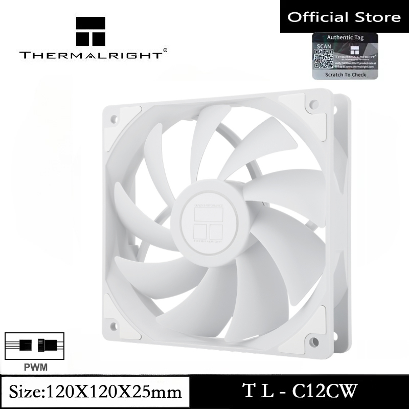 Thermalright TL-C12CW CPU ventilator 120mm behuizing koeler ventilator, 4pin PWM stille computerventilator met S-FDB lagers inbegrepen, tot 1550RPM koelventilator (wit