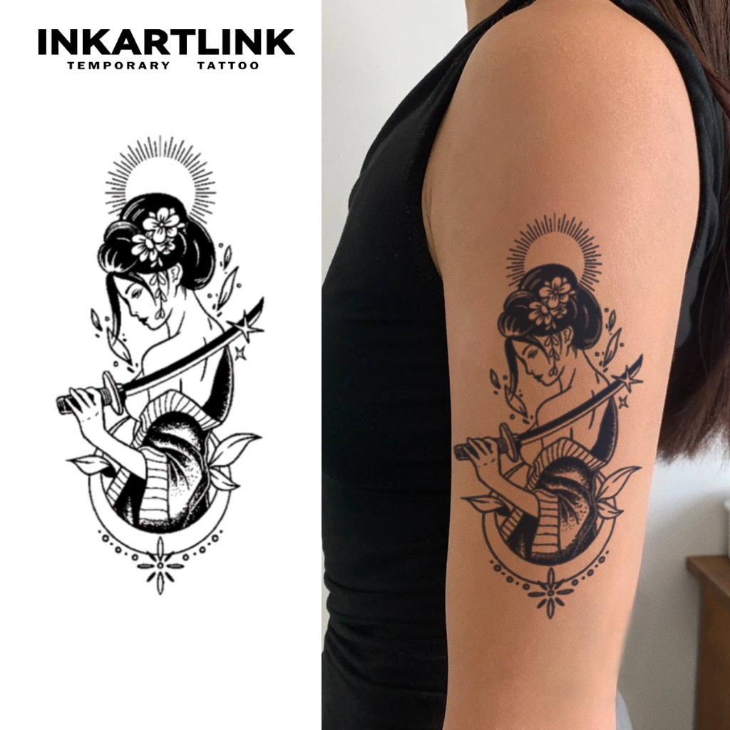 Inkartlink Japanese Geisha with Katana Sword Temporary Tattoo Stickers ...