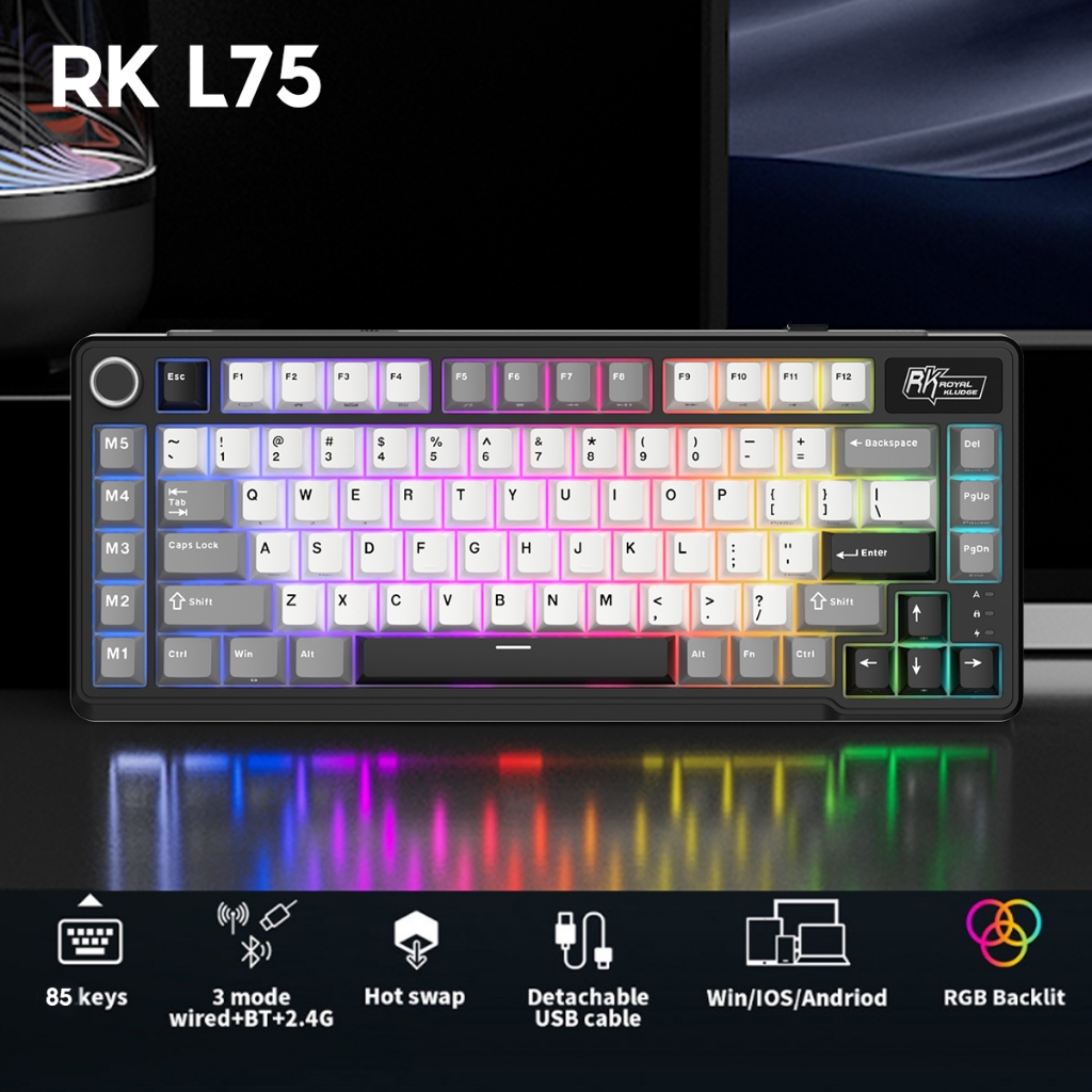 Royal Kludge RK L75 Knight Black 85 Key Diy Tri-Mode RGB Wired ...