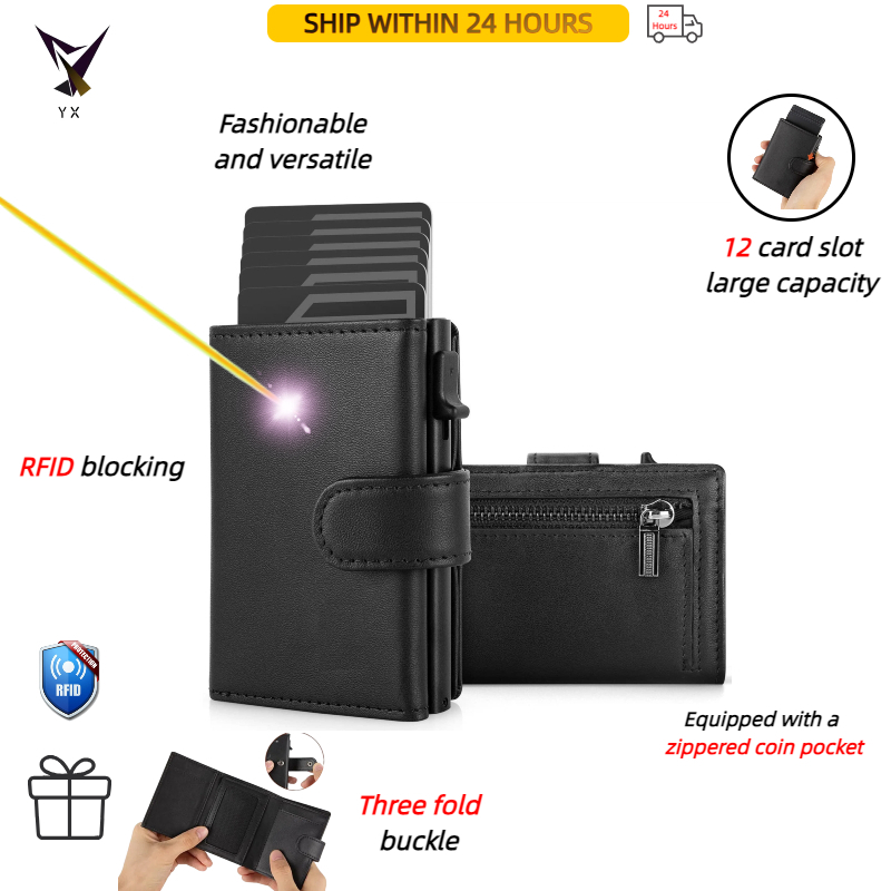 Genuine Genuine Leather Wallet Side Push Aluminum Box Card Holder RFID ...