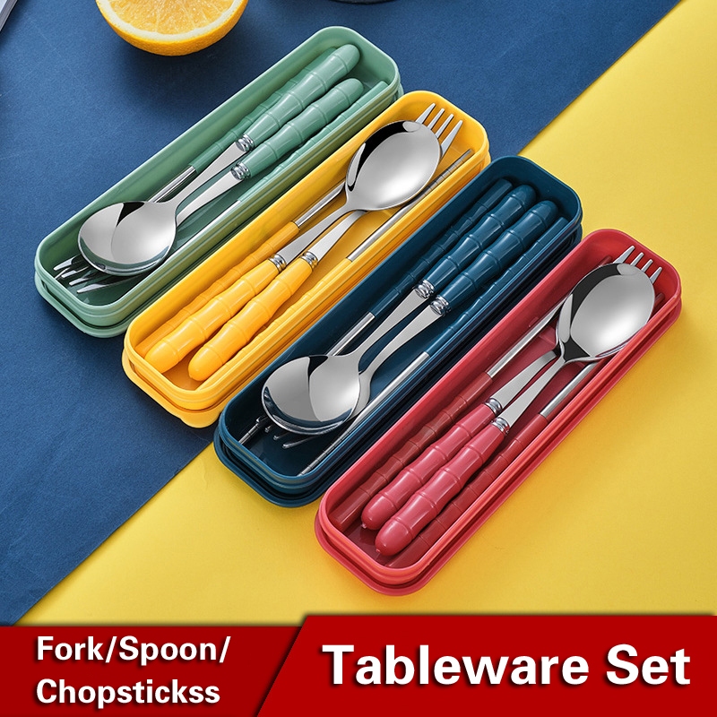 [Qianbaidu] Kids Cutlery Set - Food Grade Stainless Steel Baby Fork/Spoon/Chopsticks with Case/Cover
