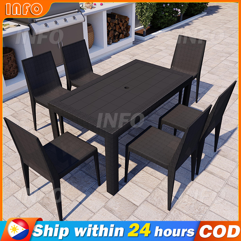 Outdoor Patio Rectangle Dining Table Plastic Patio Table with Rattan ...