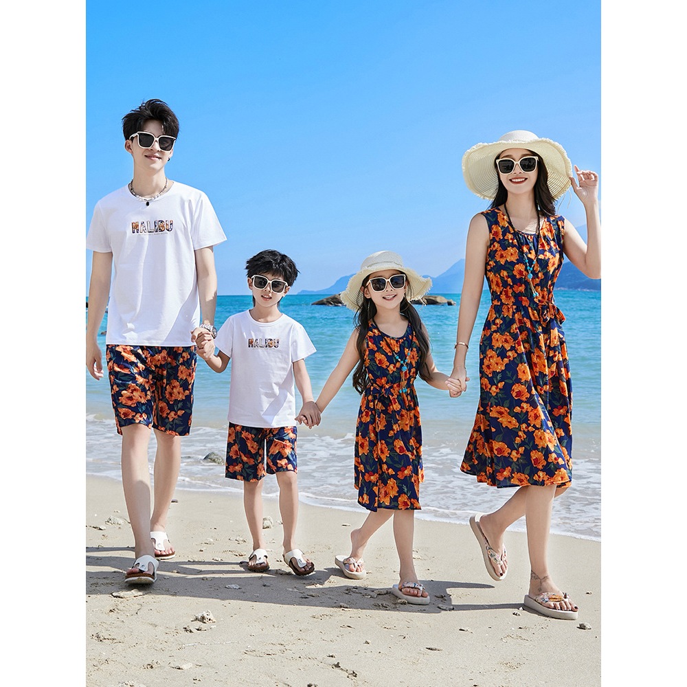 Floral Beach Hawaiian Men Shirt Shorts Women Girl Dress Family Matching  Outfits Couple Set Clothes