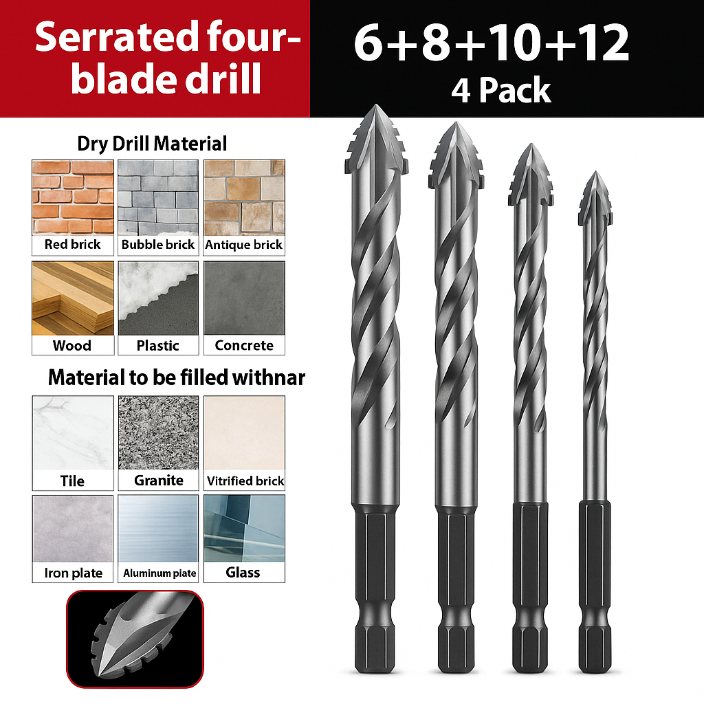 4PCS New Upgraded Four Flute Sawtooth Eccentric Dry Drilling Bit Set ...