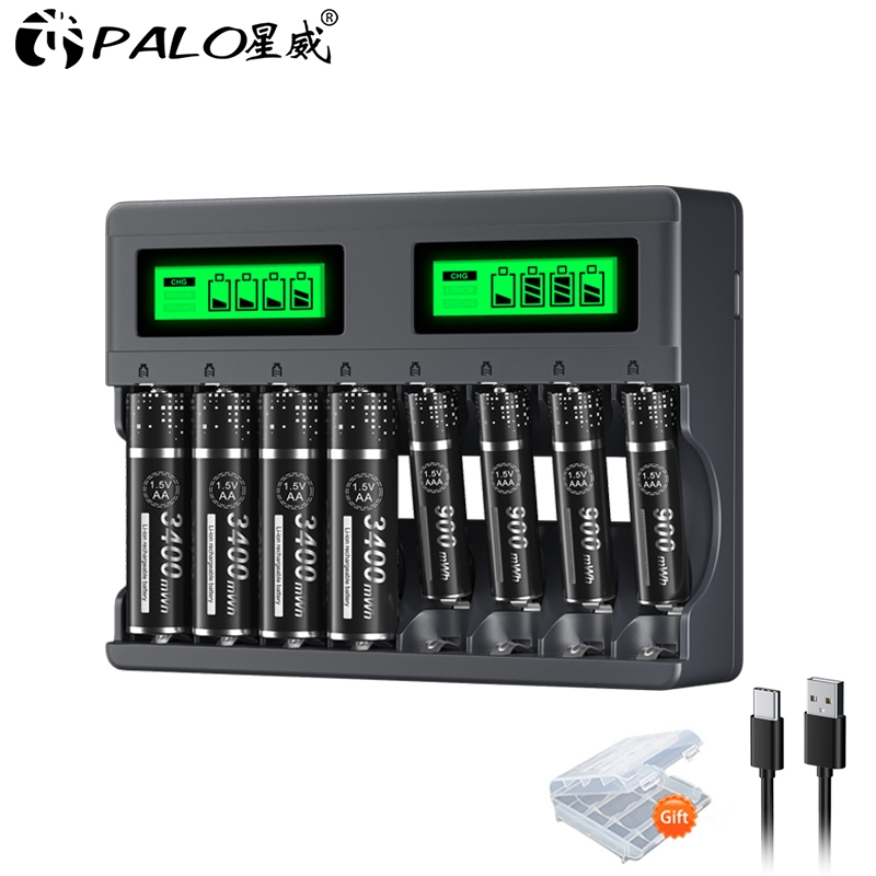 Batterijlader met Batterijen - 4*AA Batterij 3400mWh en 4*AAA Batterij 900mWh 1.5V met 8 Compartimenten LCD Individuele Snellader voor Oplaadbare Batterijen AA AAA Lithium