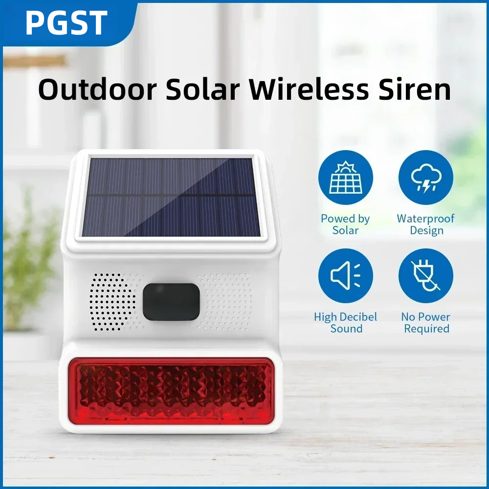 PGST 100 dB Wireless siren 433MHZ Outdoor Solar Alarm Horn Sound light ...