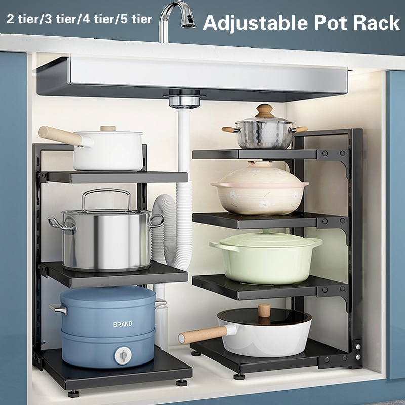 Adjustable Kitchen Organizer - Stainless Steel Multi-Tier Pot Rack for Under Sink/Cabinet/Countertop