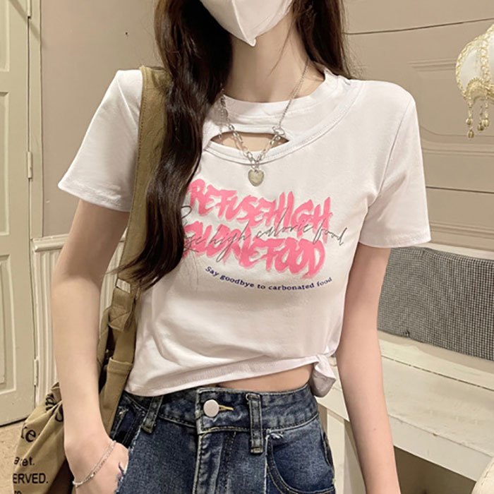 Womens Hollow Design Short Sleeve Women Korean Style Round Neck T-Shirt ...