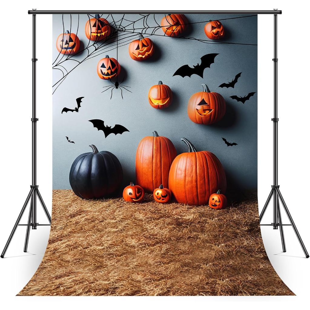 Halloween Backdrop Black Bats Scary Pumpkin Backdrop Spider Web Hay ...