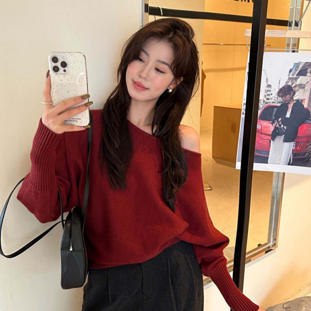Zmkovms Korean Off-Shoulder Slit Neck Long Sleeve Knit Sweater Loose ...