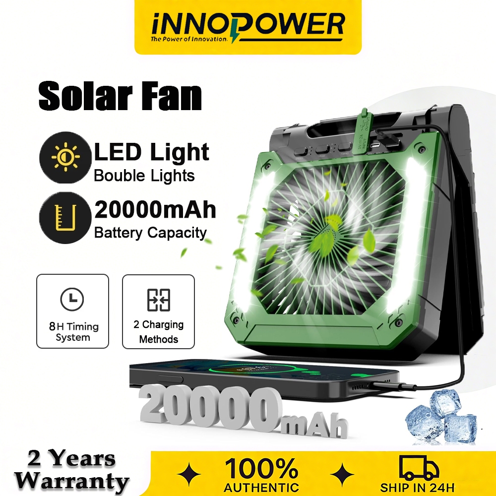 INOPOWER 20000mAh Solar Fan with LED Light Portable Rechargeable ...