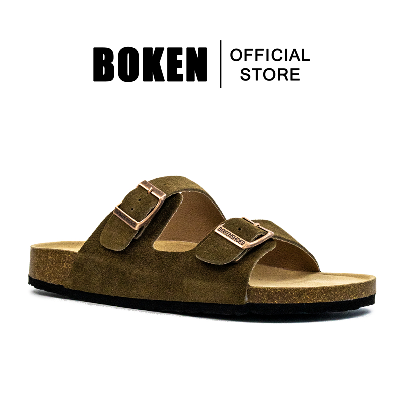 BOKEN Men Sandals Outdoor Beach Slippers Flat Soft Cork Clogs Two-Strap  Olive Green