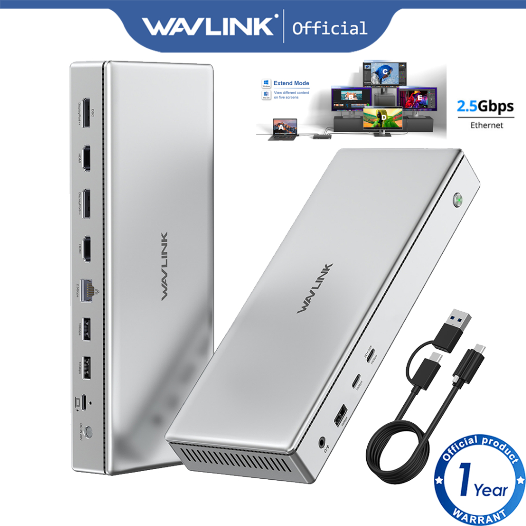 Wavlink DL7400 USB C DisplayLink Premium Docking Station, 2xHDMI en 2xDisplayPort, Single 10K@60Hz, Dual 8K@60Hz, Quad 4K voor M1/M2/M3 Mac & Windows, 100W opladen, 2.5G LAN, USB 3.2-A/C