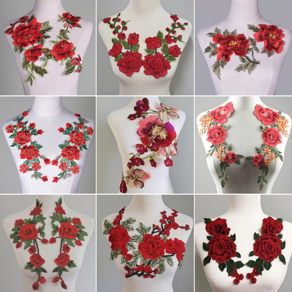 Red Flower Elegant Embroidery Patches Fabric For Dress Clothing Sewing ...