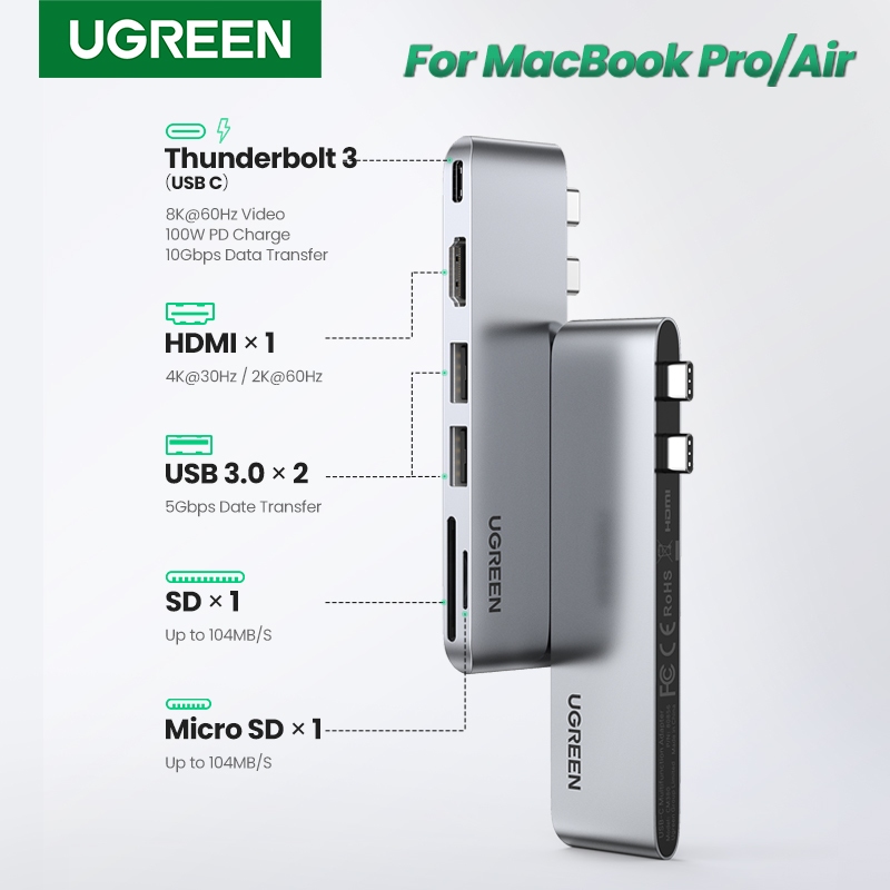 UGREEN Type-C Hub for MacBook Pro/Air 8K@60Hz Thunderbolt Dock with  100W PD, HDMI 4K, 2x USB SD/Micro SD Card Reader (Silver Gray)​