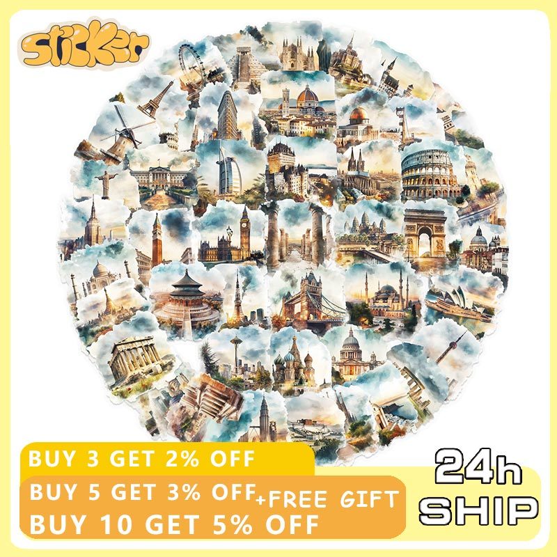50PCS Retro World Famous Buildings Stickers Travel Holiday Toys Gift ...