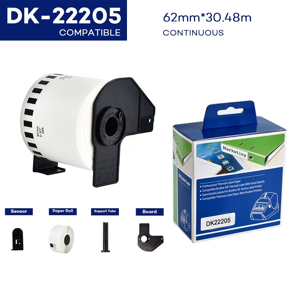 3 Rotoli Etichette Brother DK-2205 62mm X 30,4m (100ft) - Bianco Termico Continuo Per QL-700 - GREENCYCLE