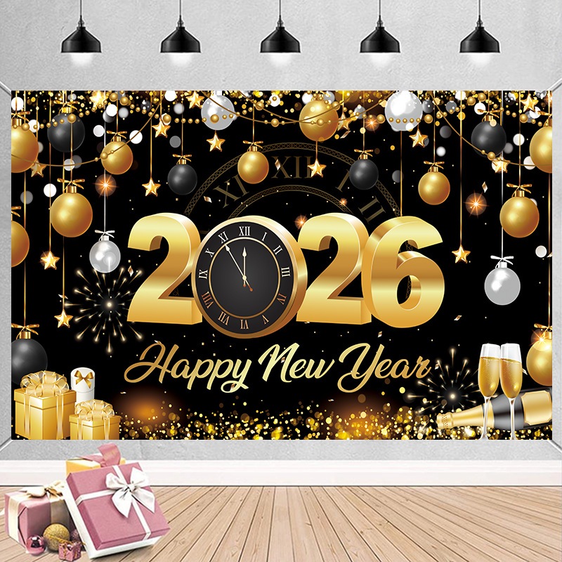 7x5ft Happy New Year Backdrop Gold and Black 2026 Cheers Happy New Year ...