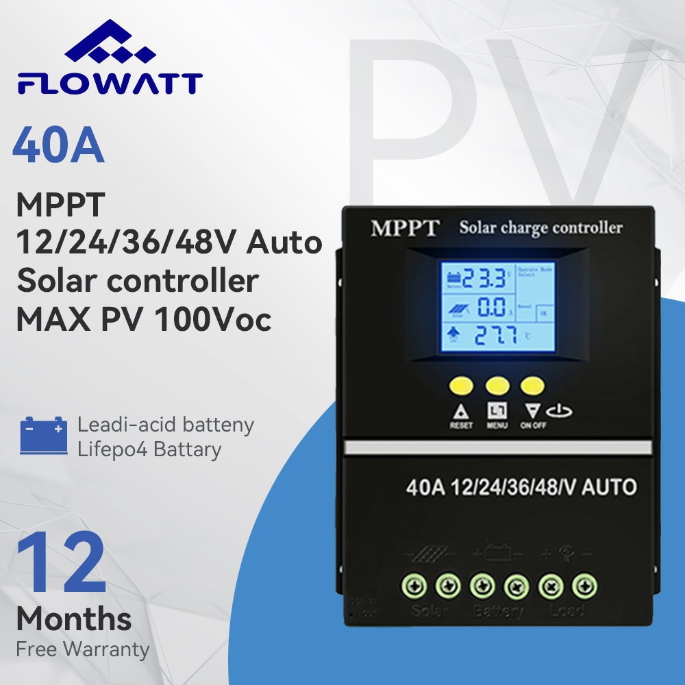 Flowatt 40A MPPT Solar Charge Controller Max PV Input 100V Dual USB LCD ...