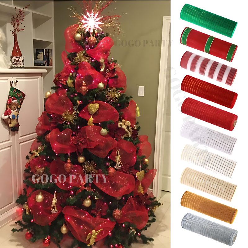 1Roll 10Yards Christmas Mesh Ribbon DIY Wreath Bow Ribbon Christmas ...